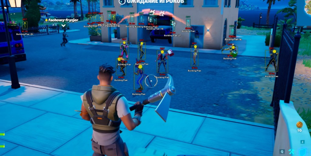Fortnite cheats ESP boxes in a lobby warmup before ranked